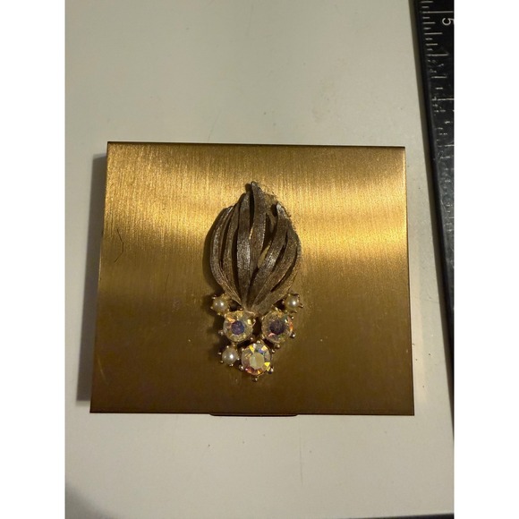 S.J.C. 5th Avenue Other - Vintage SJC 5th Avenue Gold Compact Aurora Borealis Rhinestone Faux Pearl Leaf